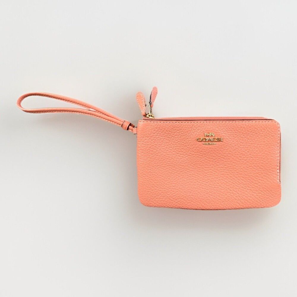 Coach Pebbled Leather Corner Double Zip Wristlet Wallet In Salmon Coral